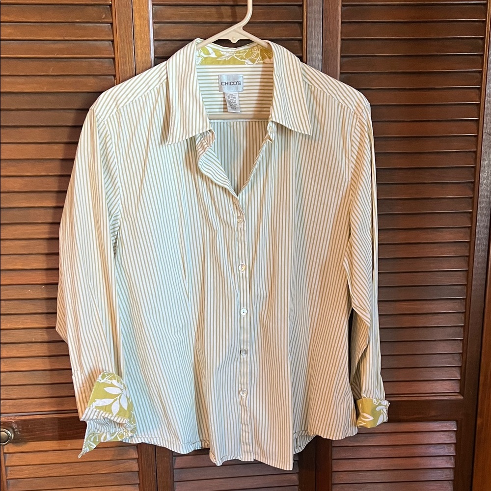 Chico's Light Green and White Striped Button-Down Shirt